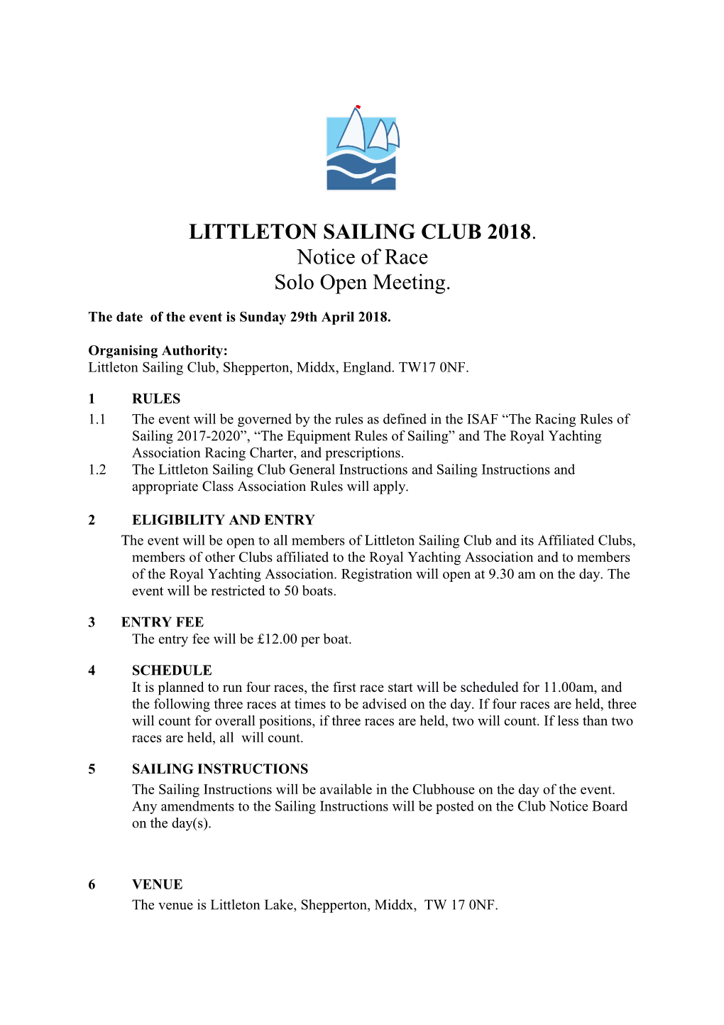 Littleton Sailing Club 2018