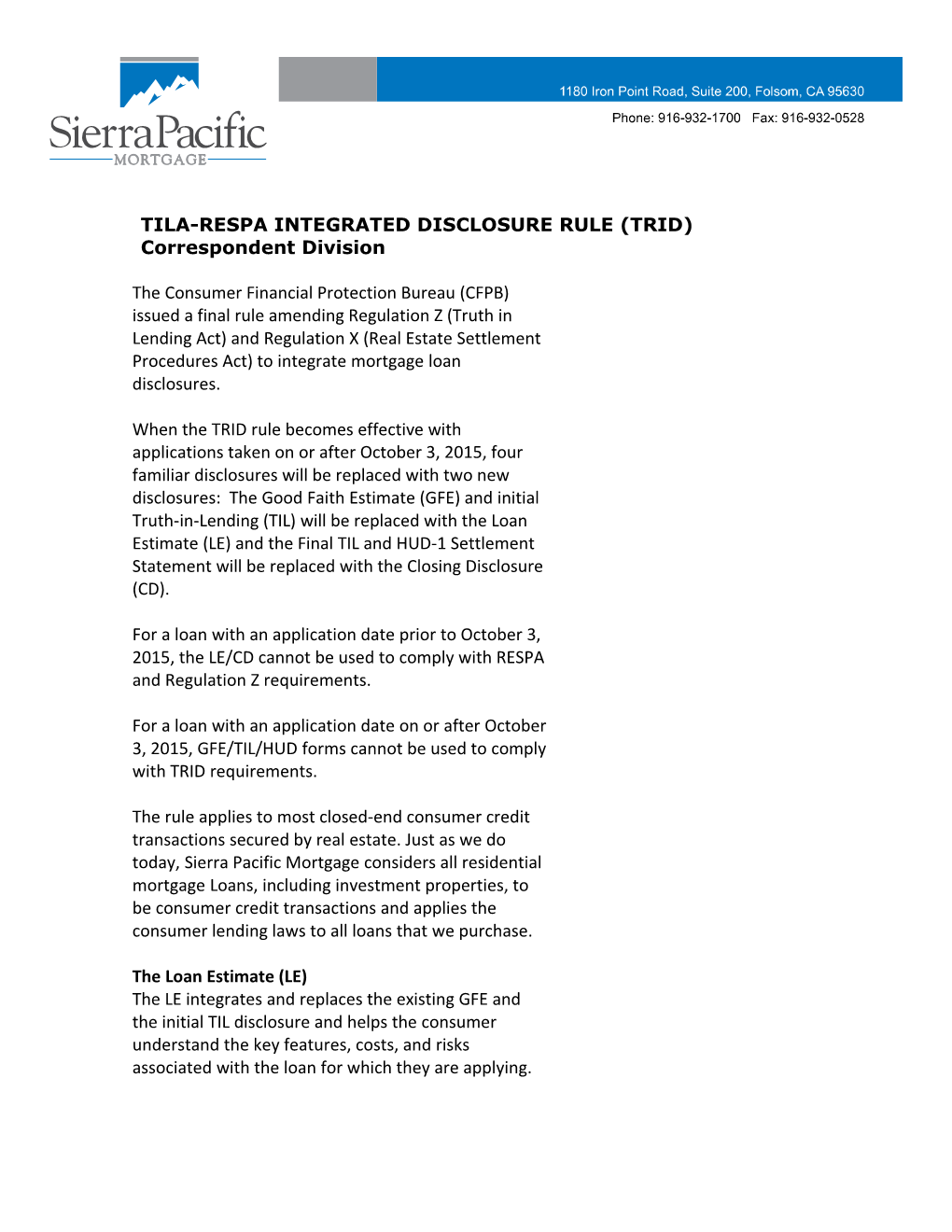 Tila-Respa Integrated Disclosure Rule (Trid)