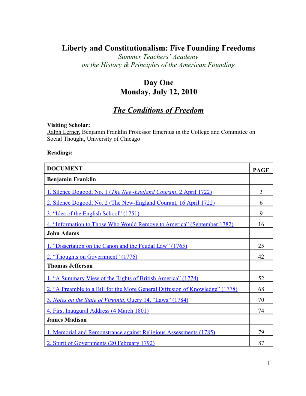 Liberty and Constitutionalism: Five Founding Freedoms