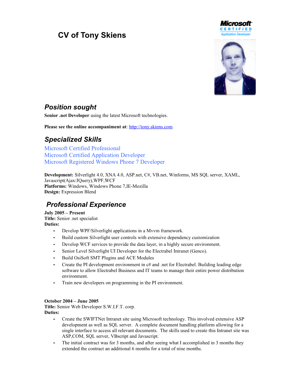CV of Tony Skiens