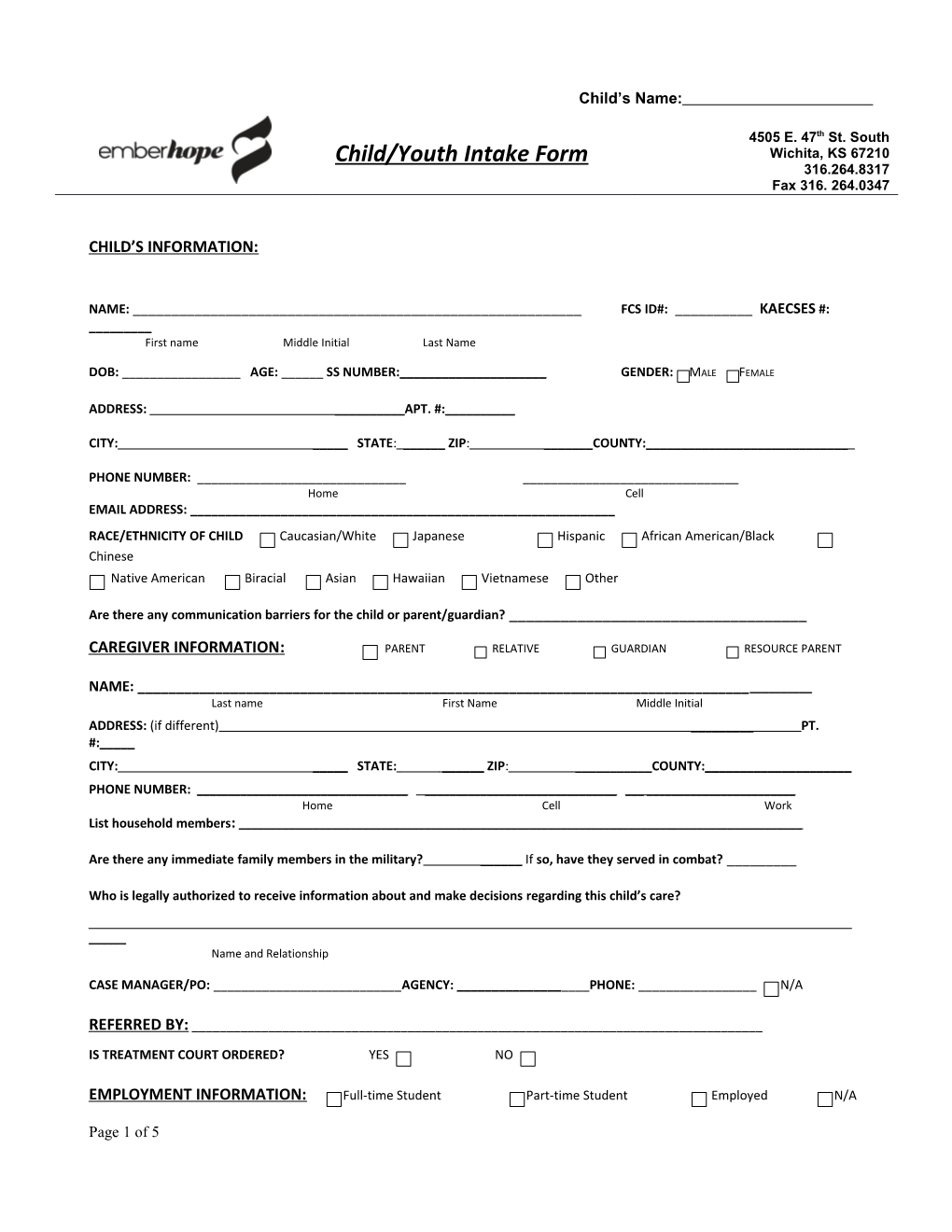 Child and Youth Intake Form