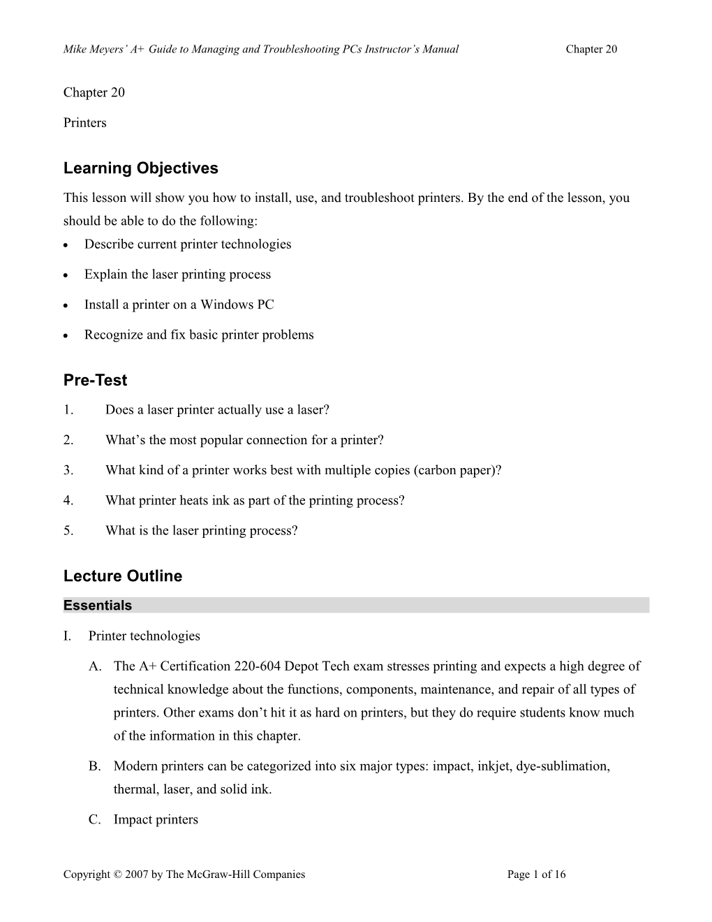 Mike Meyers A+ Guide to Managing and Troubleshooting Pcs Instructor S Manual Chapter 20