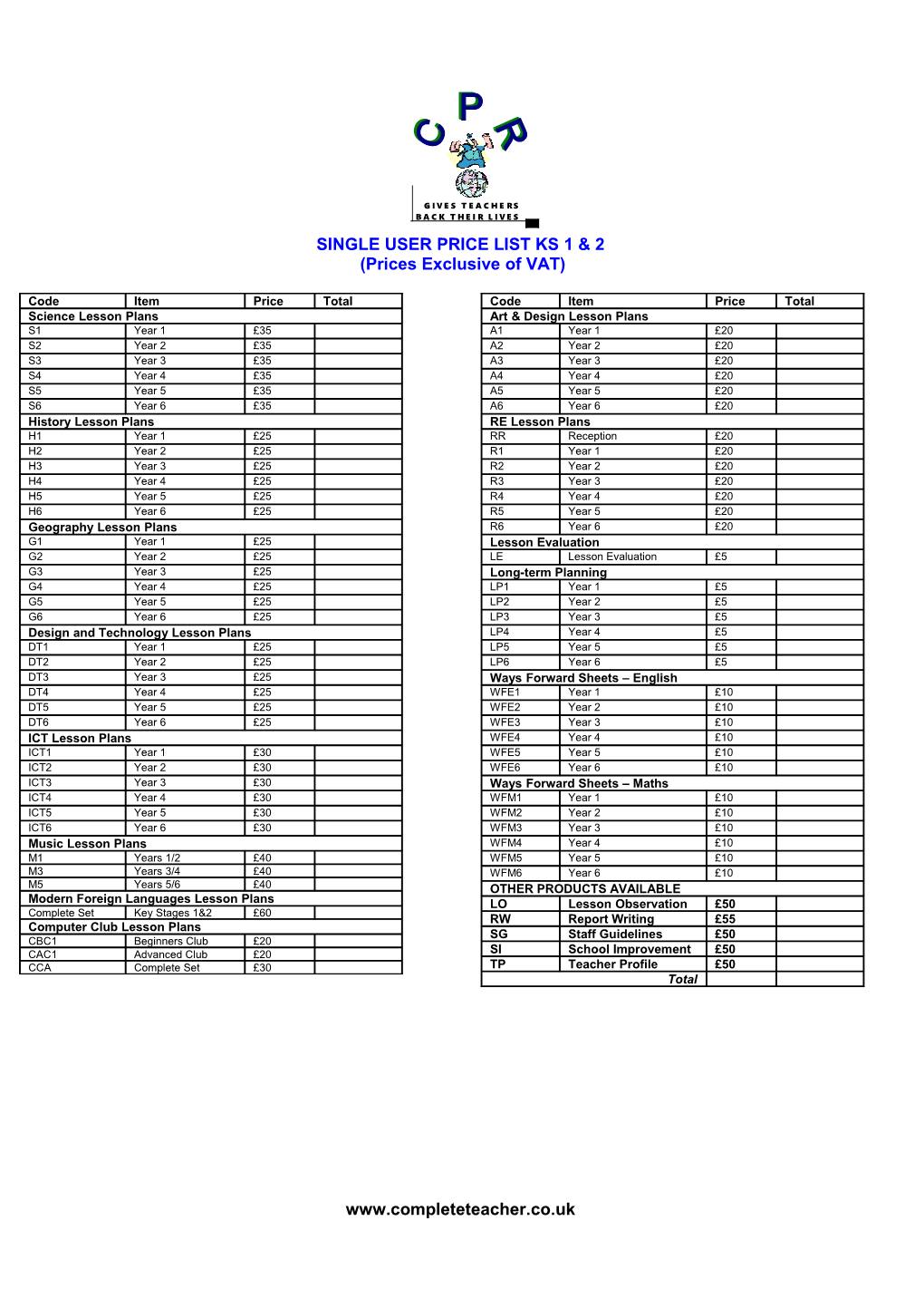 Single User Price List Ks 1 & 2