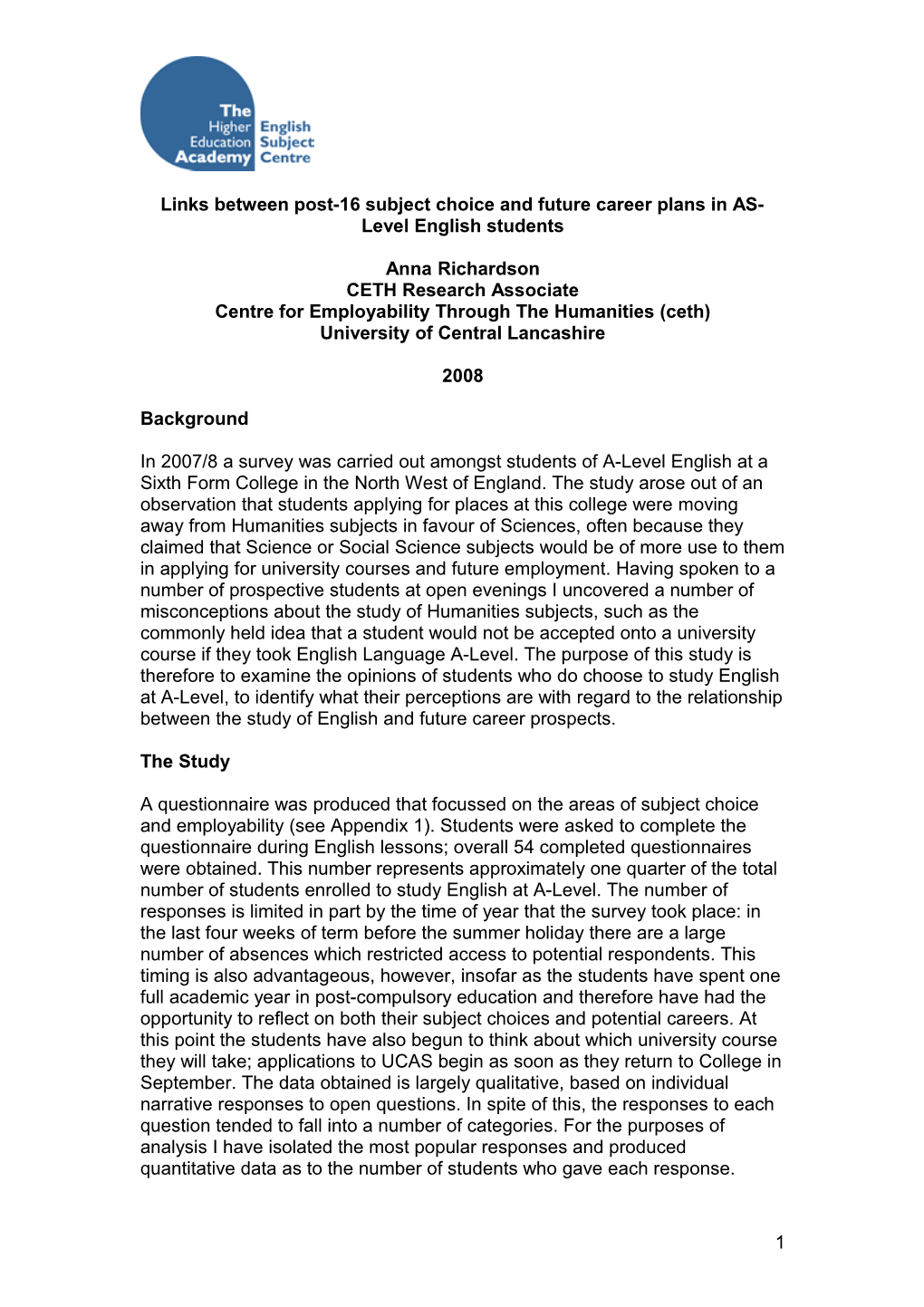 Links Between Post-16 Subject Choice and Future Career Plans in AS-Level English Students