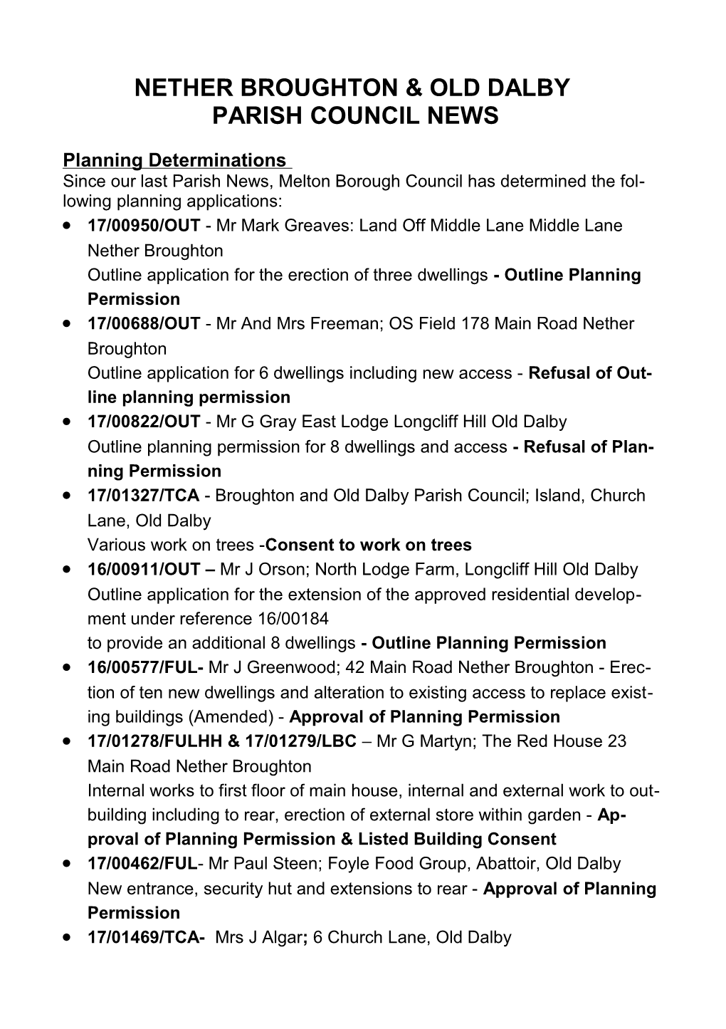 Nether Broughton & Old Dalby Parish Council News