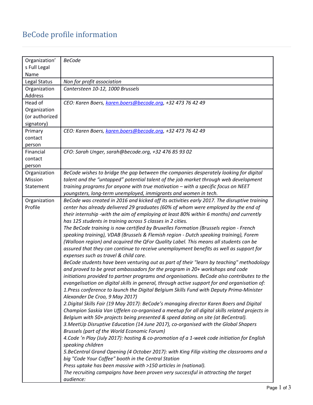 Becode Profile Information