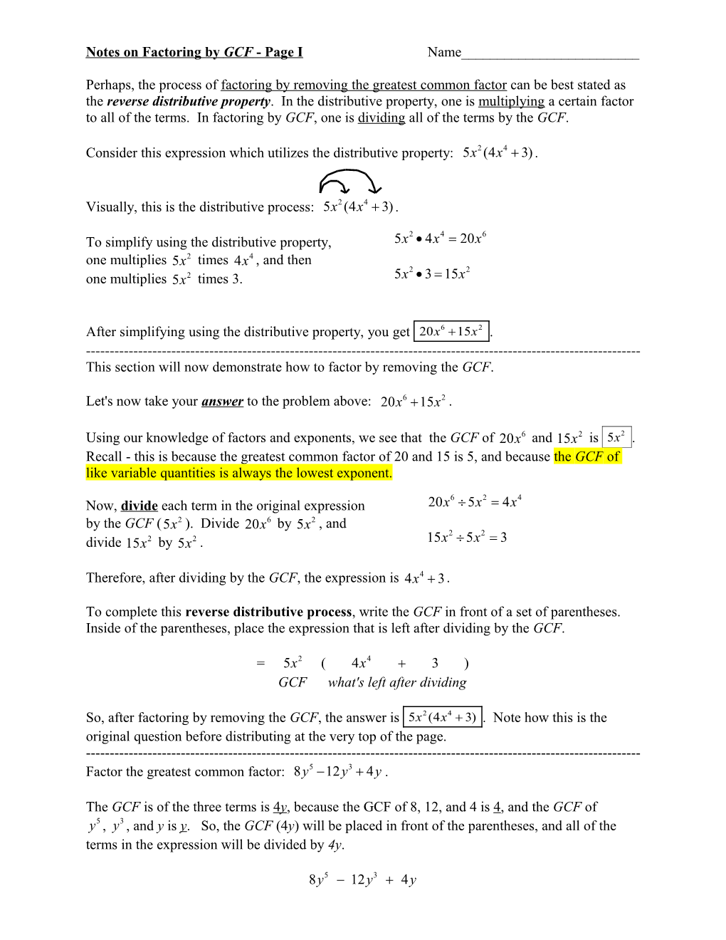 Factoring the Greatest Common Factor Worksheet