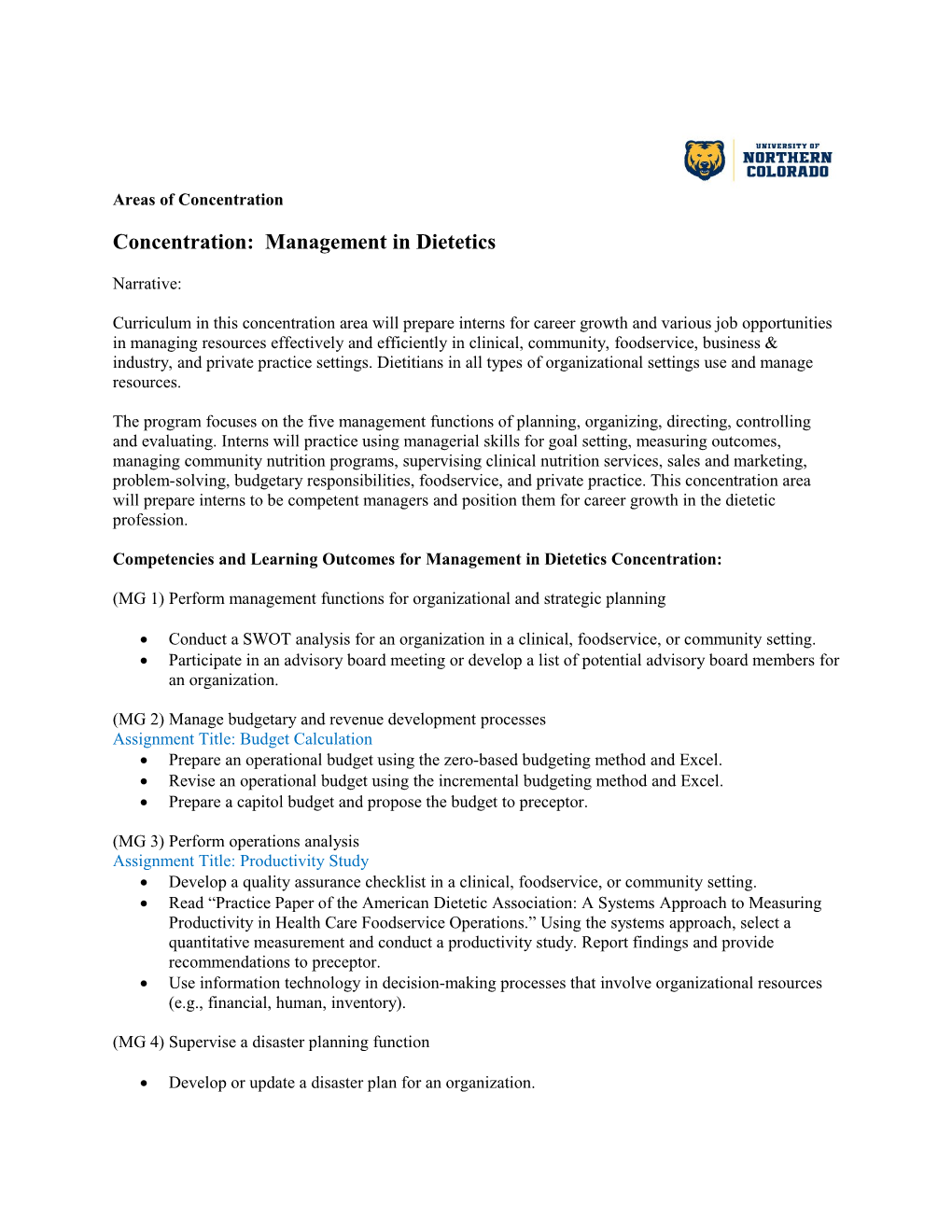 University of Northern Colorado Dietetic Internship