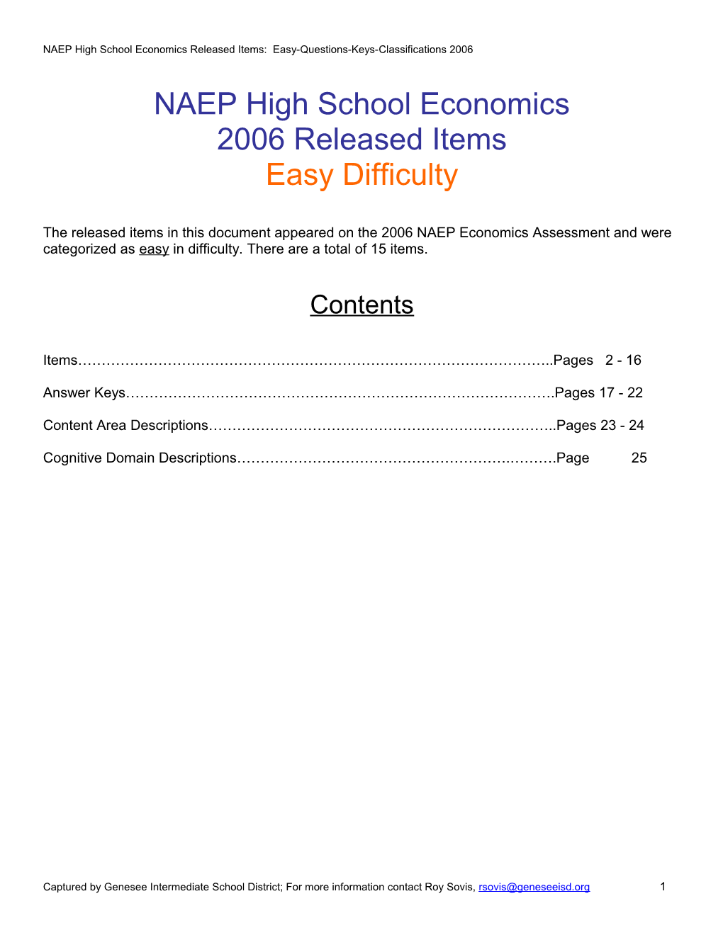 NAEP 12Th Grade Economics Released Items: Easy-Questions-Keys-Classifications