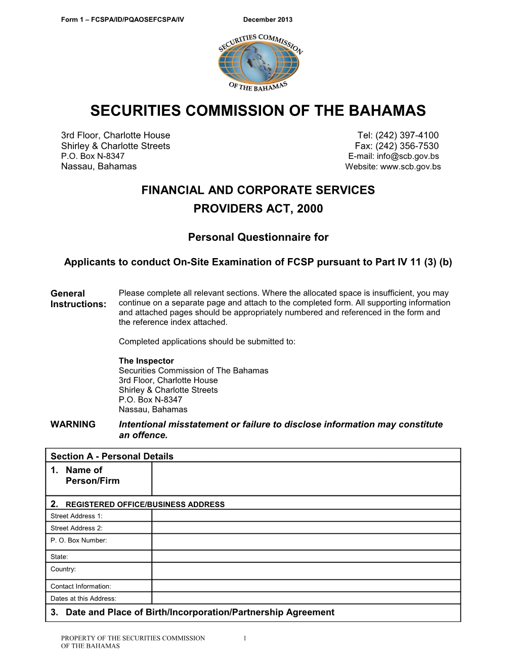Form 1 FCSPA/ID/PQAOSEFCSPA/Ivdecember 2013