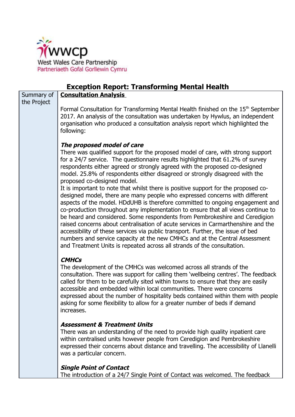 Exception Report: Transforming Mental Health