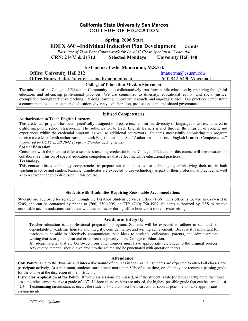 EDEX 660 Individual Induction Plan Development 2 Units