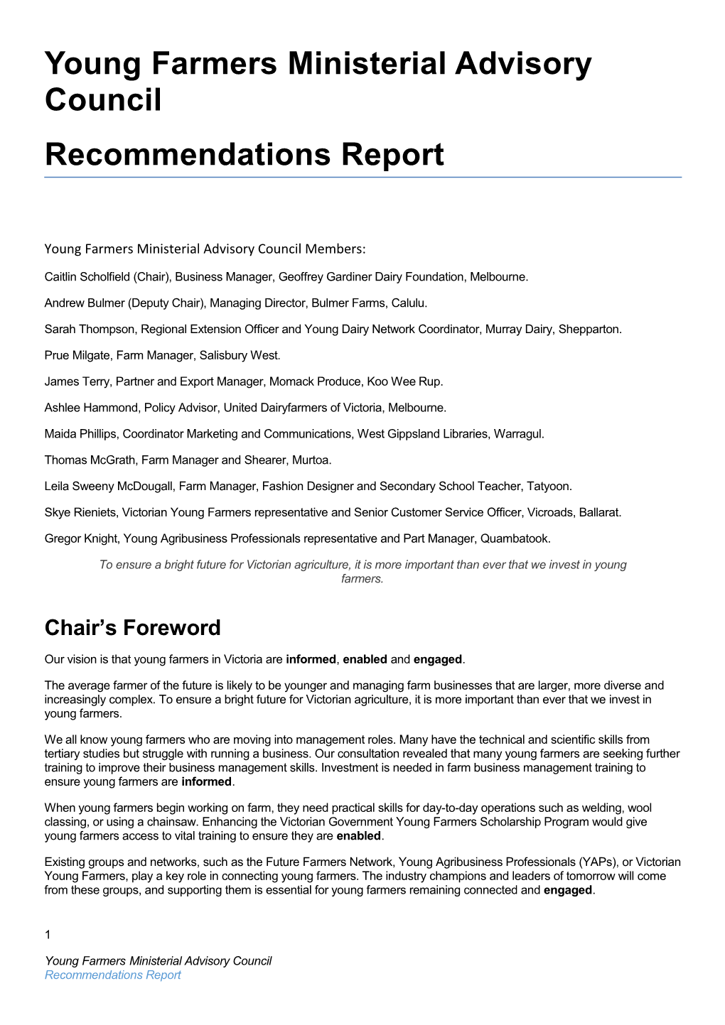 Young Farmers Ministerial Advisory Council Recommendations Report