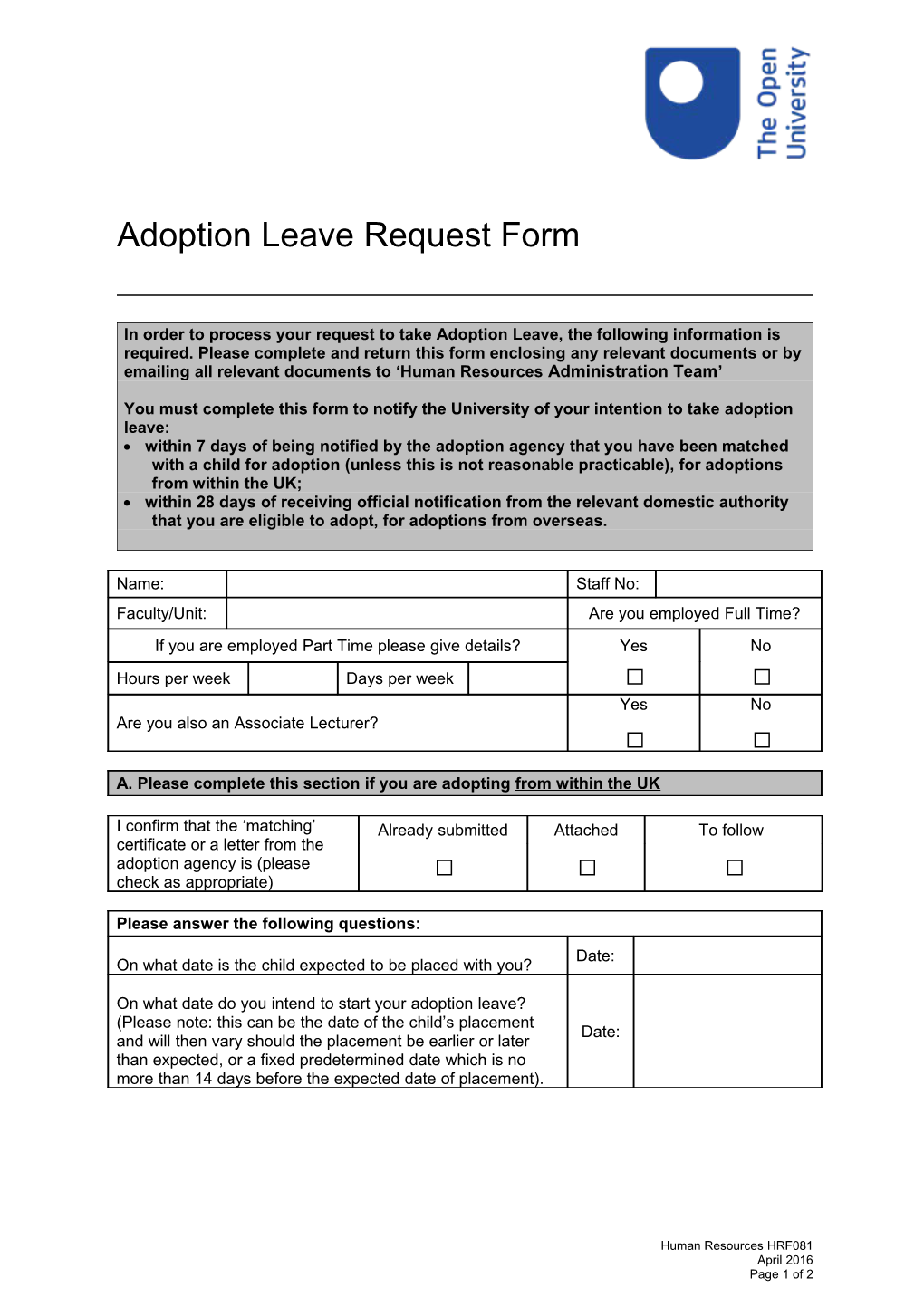 Adoption Leave Request Form HRF081