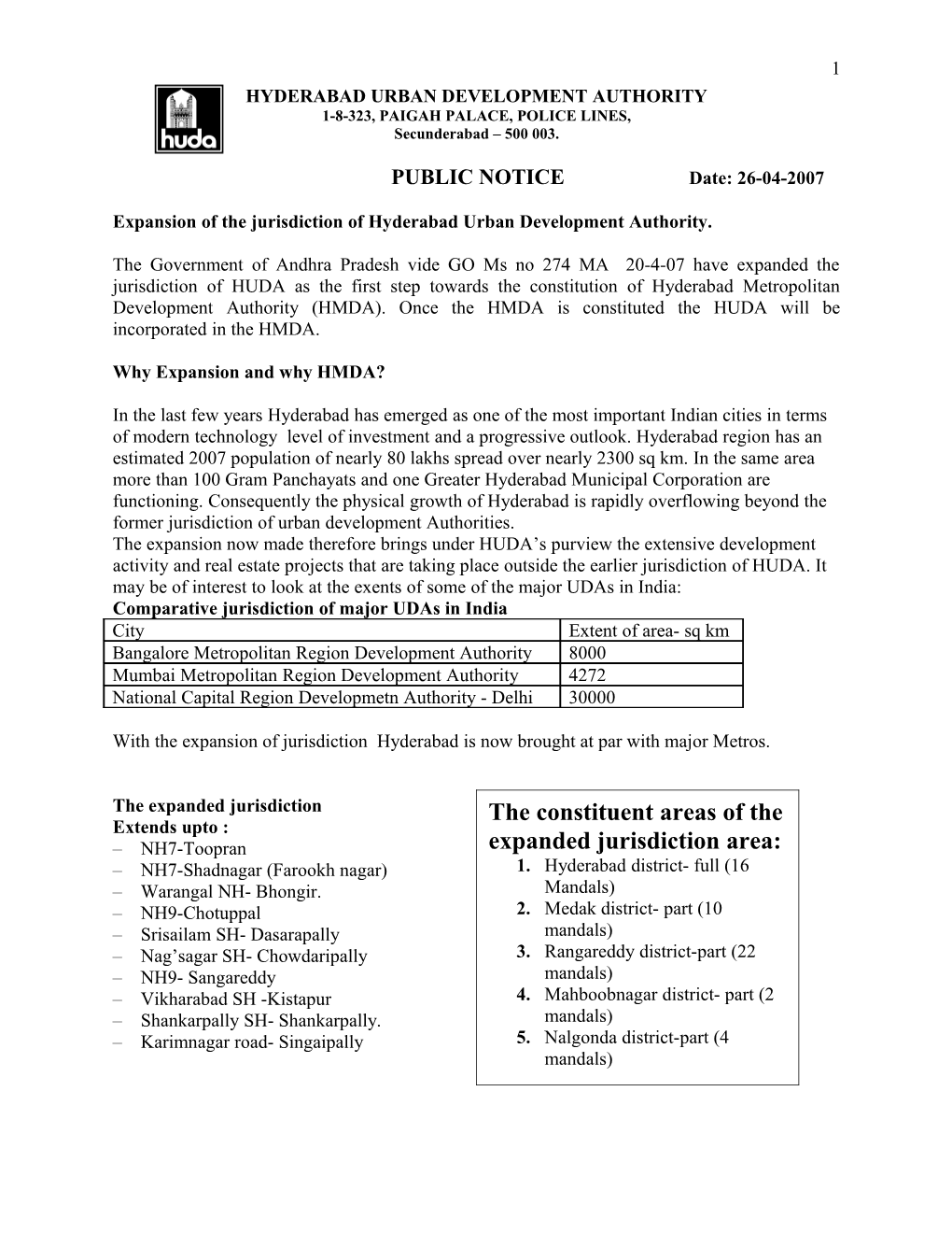 Subject: Proposal of the Government to Enlarge the Jurisdiction of HUDA and Rename HUDA