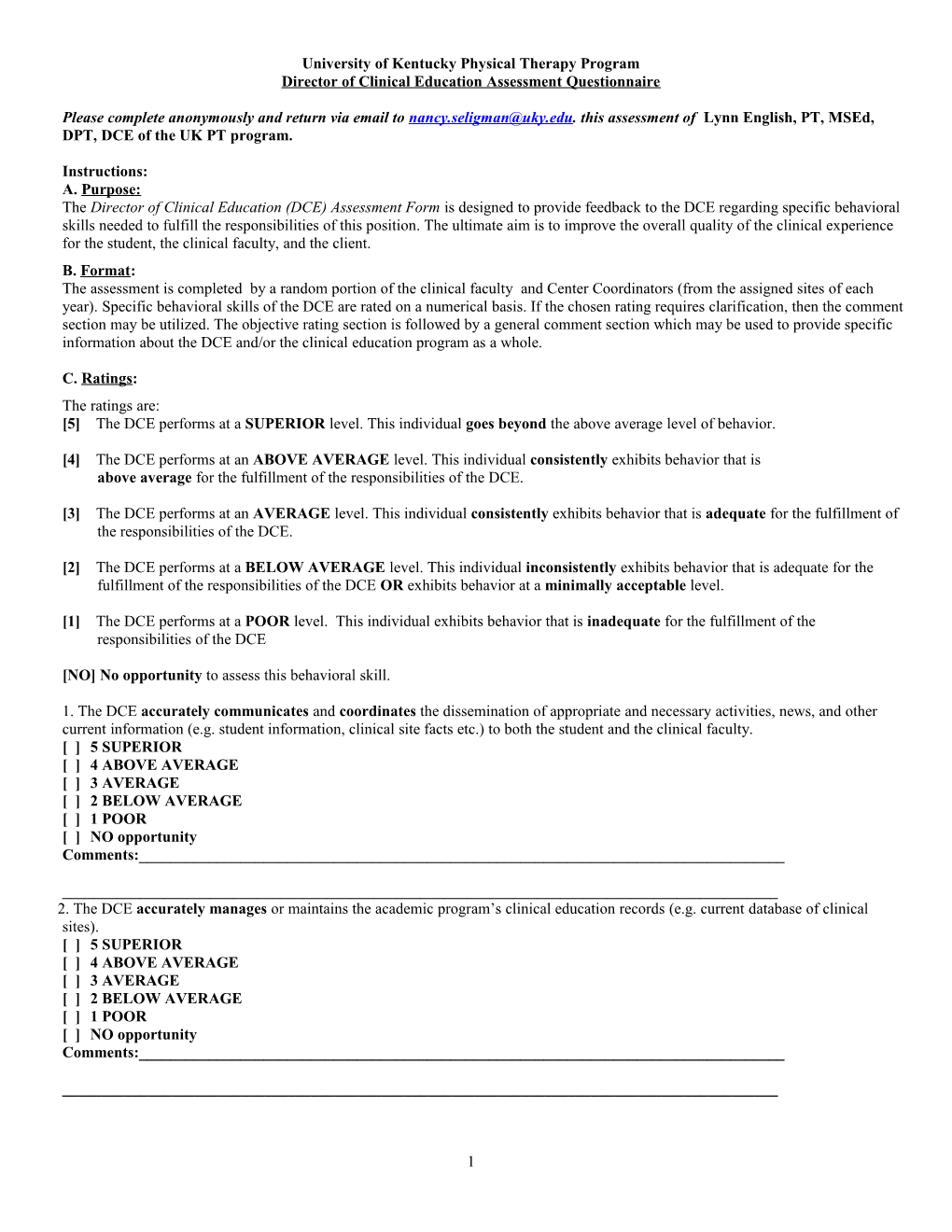 Academic Coordinator of Clinical Education Assessment Form