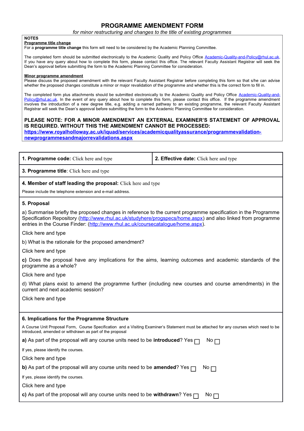 Programme Amendment Form