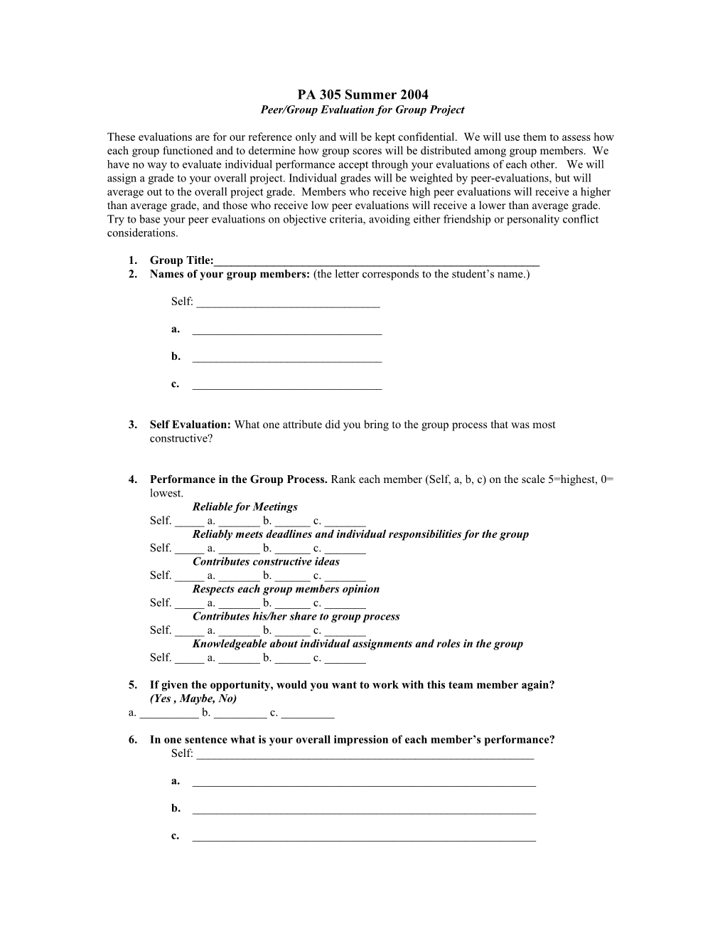 Peer/Group Evaluation for Group Project