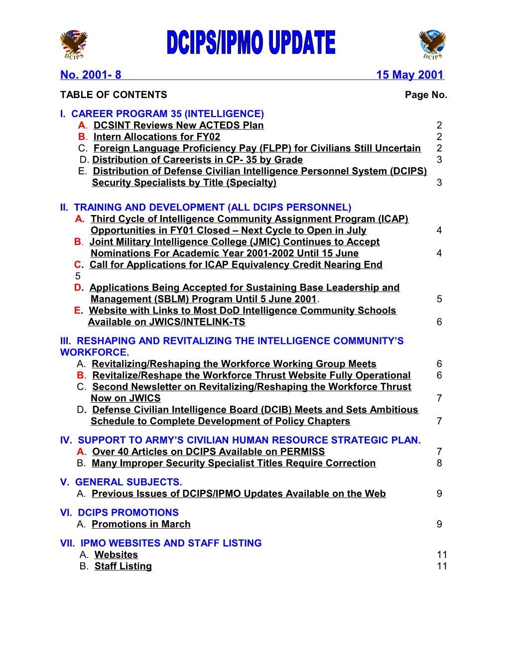 DCSINT/IPMO UPDATE No. 2001- 8 15 May 2001