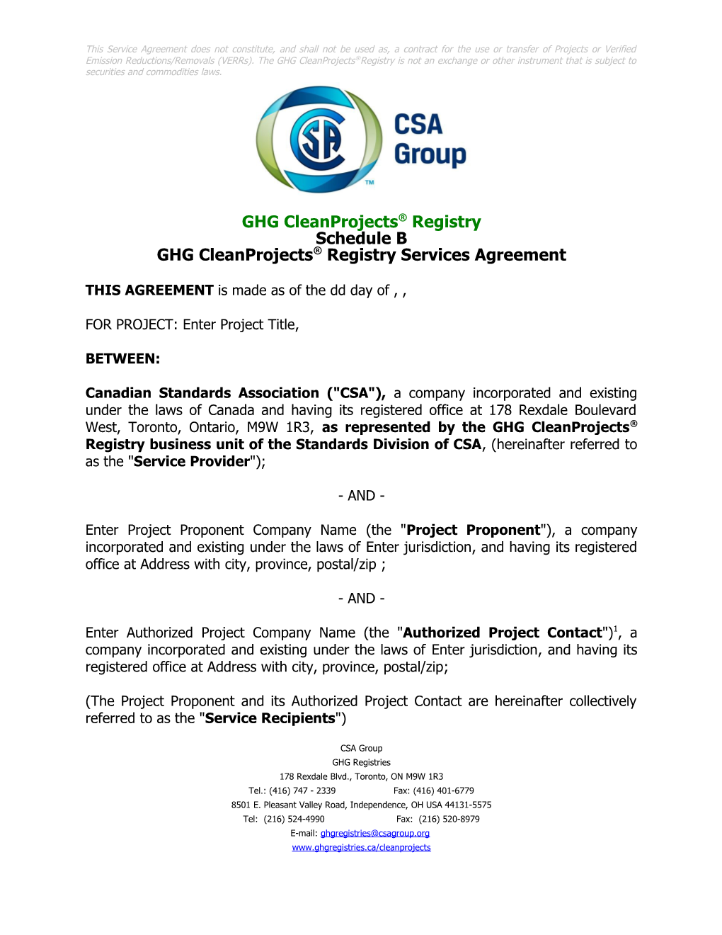 Schedule B GHG Cleanprojects Registry Services Agreement