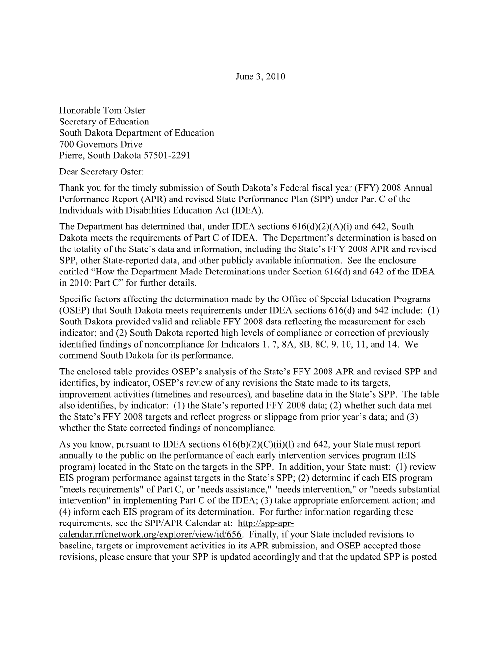 IDEA 2010 Part C South Dakota Annual Performance Report Determination Response (MSWORD)