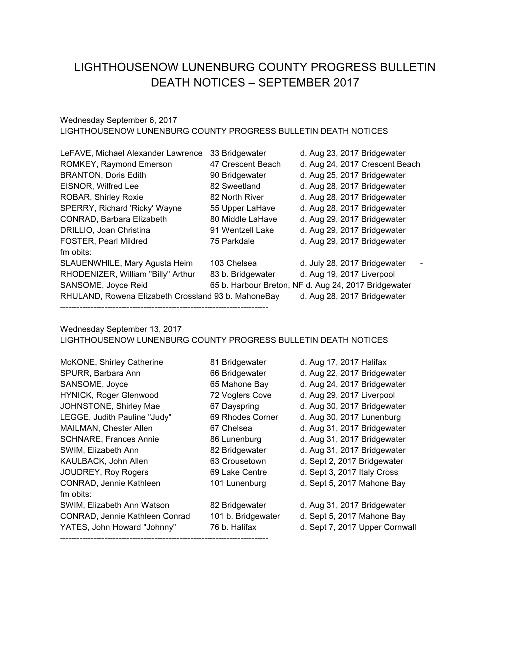 Lighthousenow Lunenburg County Progress Bulletin Death Notices