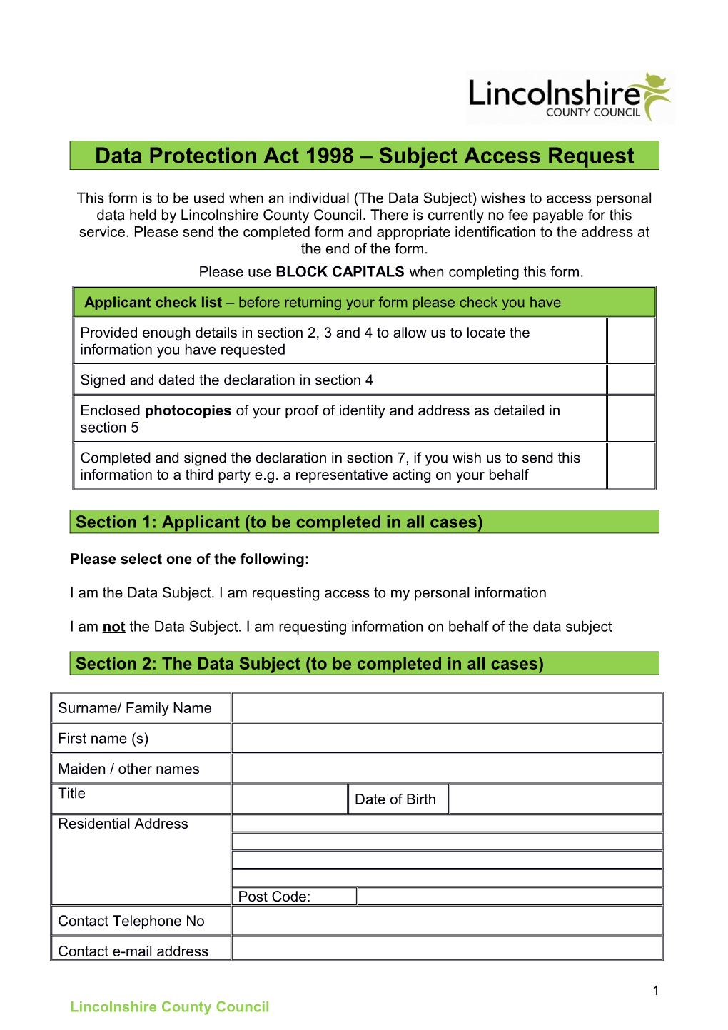 Data Protection Act 1998 Subject Access Request