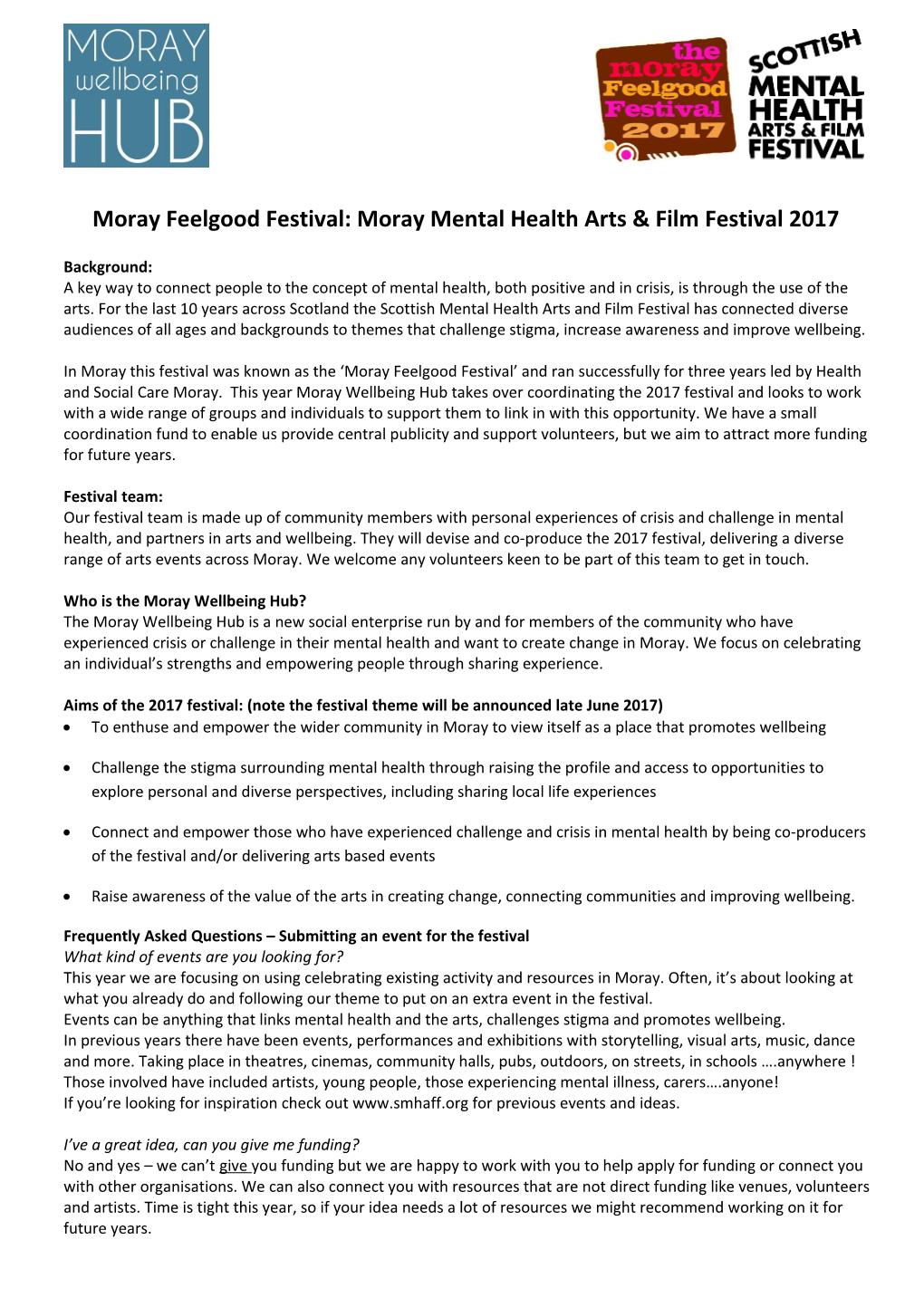Moray Feelgood Festival: Moray Mental Health Arts & Film Festival 2017
