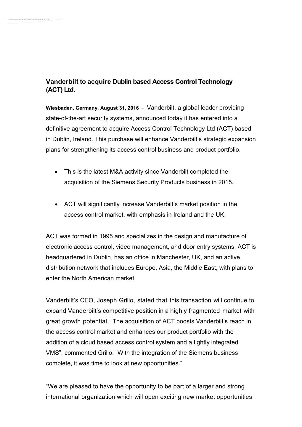 Vanderbilt to Acquire Dublin Based Access Control Technology (ACT) Ltd