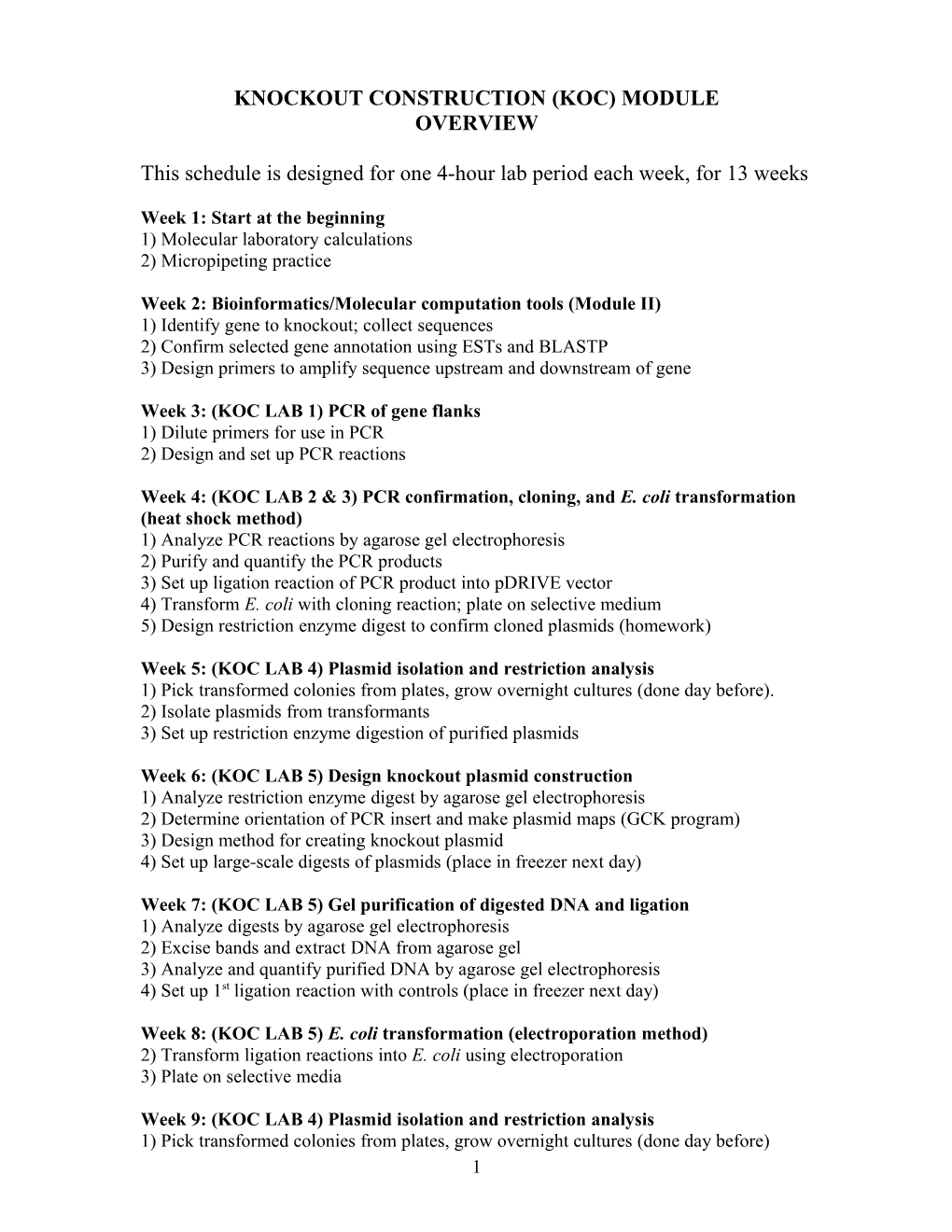 Molecular Biology 170 Lab Schedule