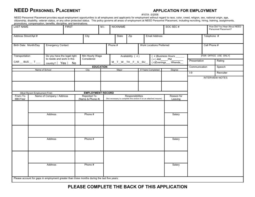 (Most Recent Employment First) EMPLOYMENT RECORD