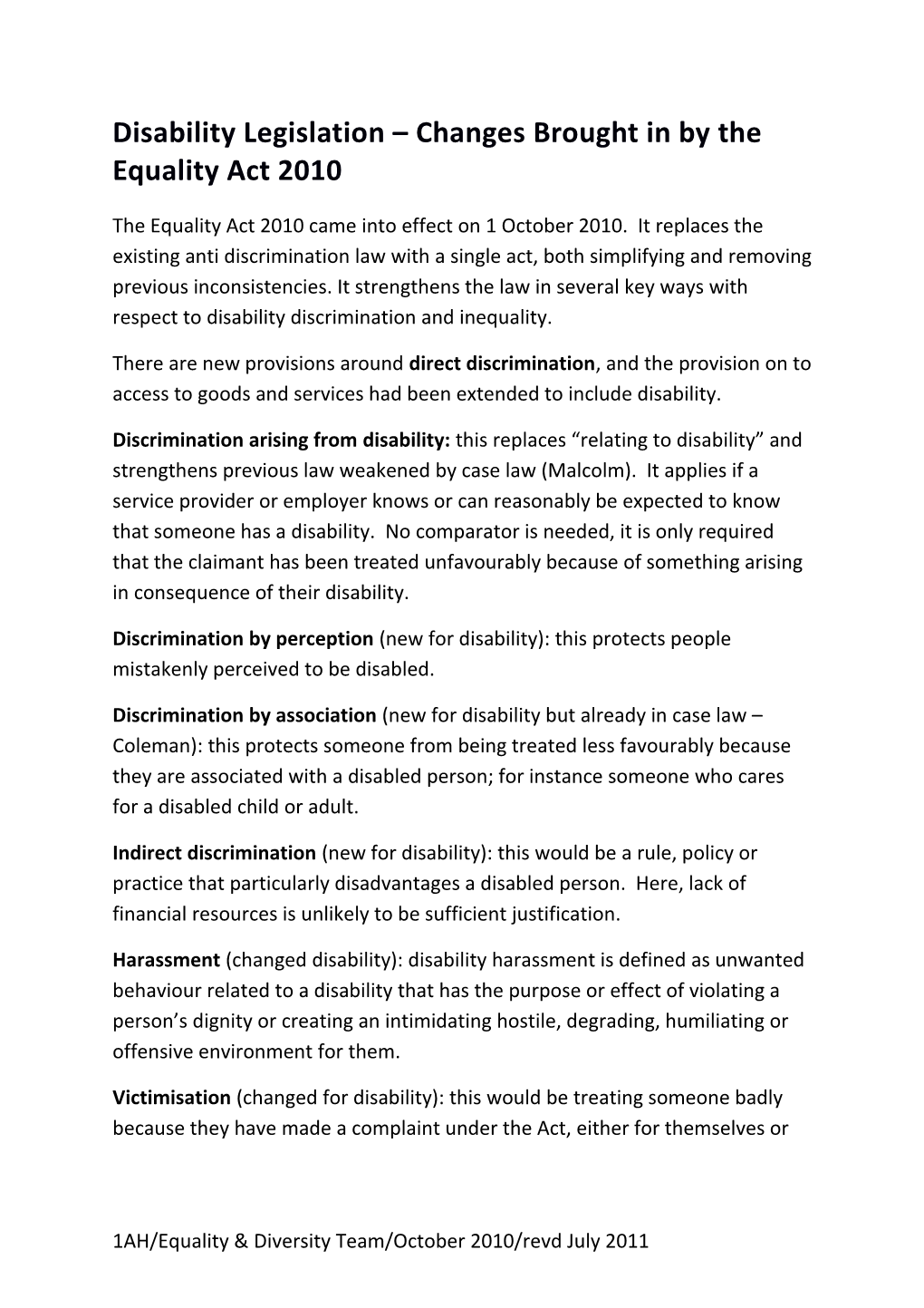 Disability Legislation Changes Brought in by the Equality Act 2010