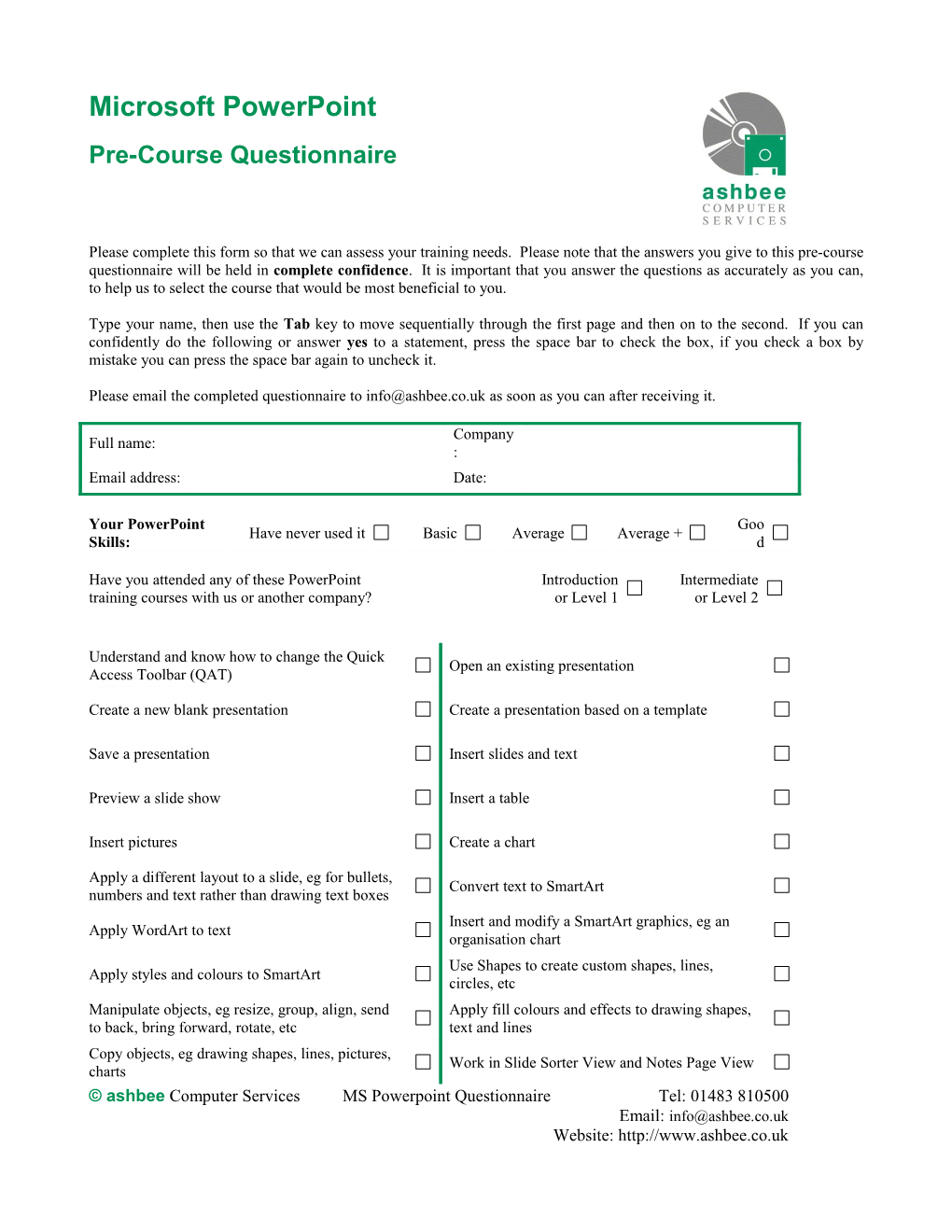 Microsoft Word 2003 Pre-Course Questionnaire