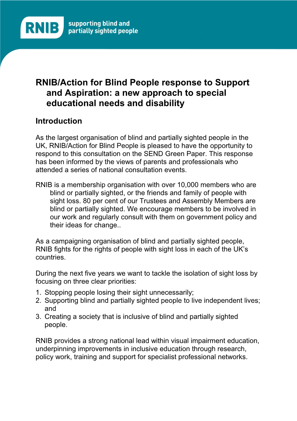 RNIB Response to SEND Green Paper