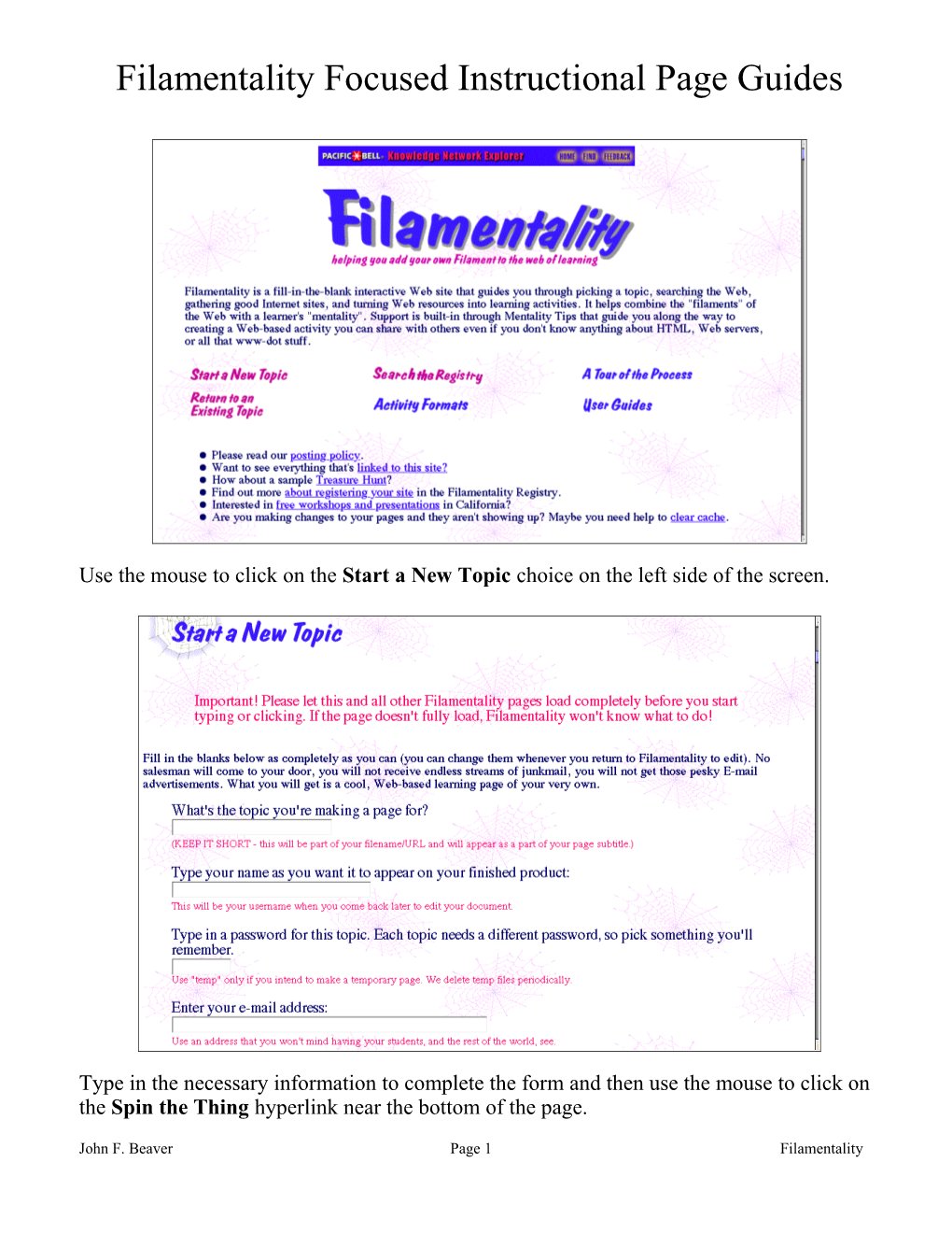 Filamentality Focused Instructional Page Guides