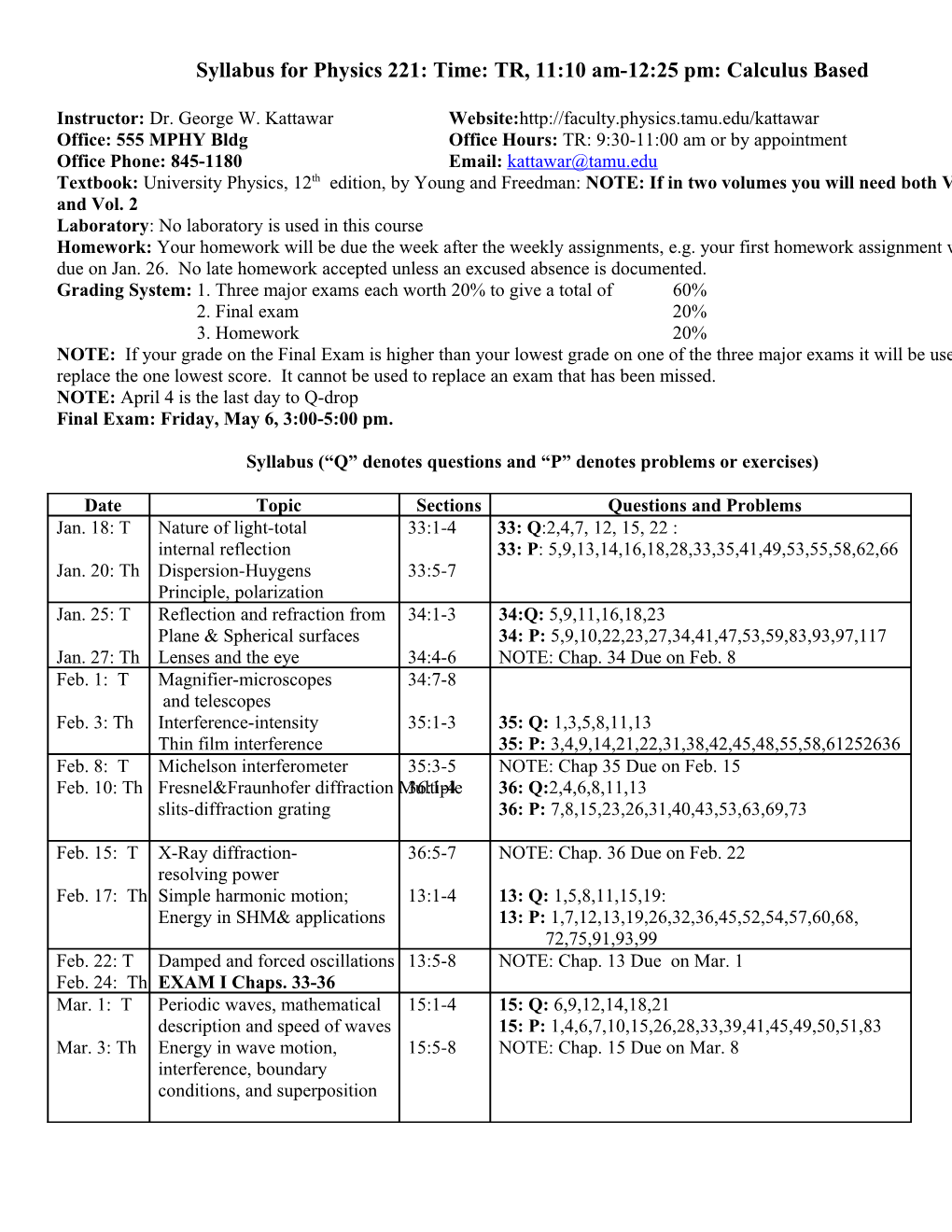 Syllabus for Physics 201-Honors-Calculus Based