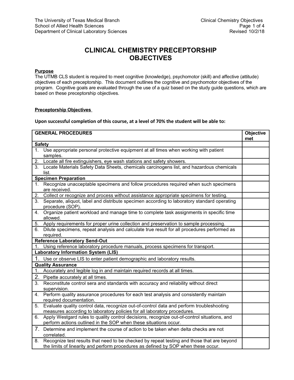 The University of Texas Medical Branch Clinical Chemistry Objectives
