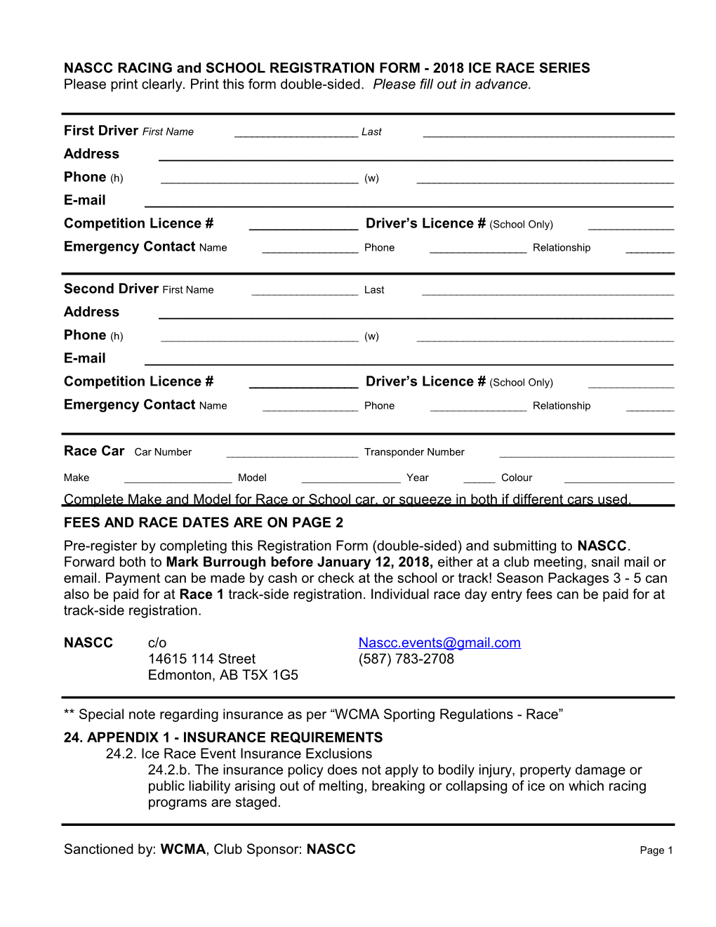 Nascc Registration Form - 2009 Ice Race Series