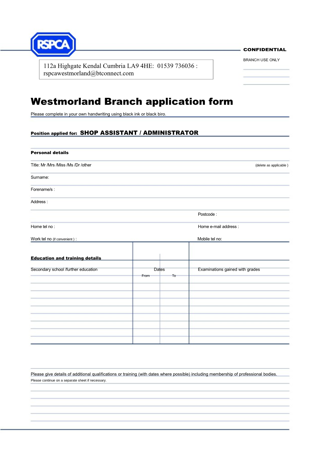 Westmorland Branch Application Form