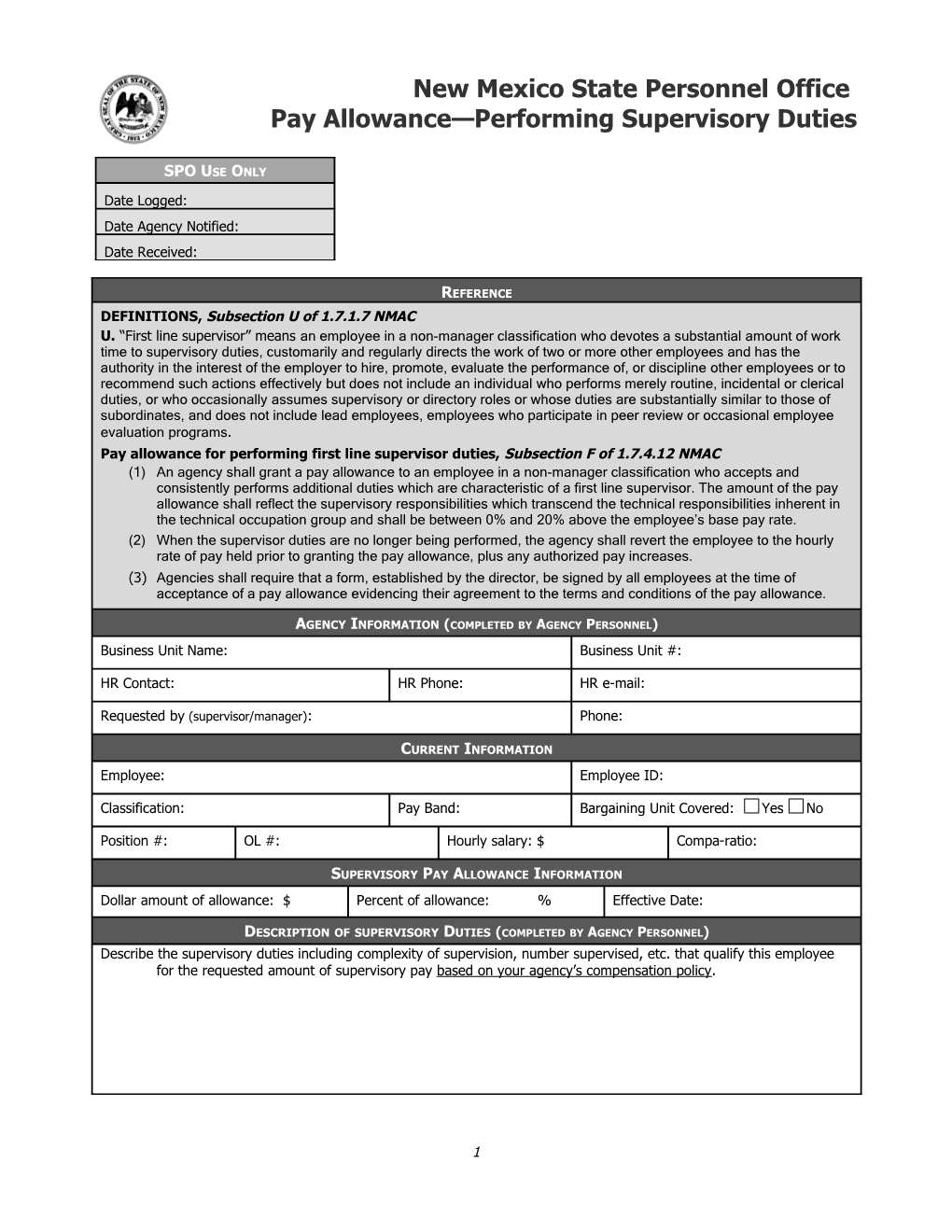 New Mexico State Personnel Officepay Allowance Performing Supervisory Duties