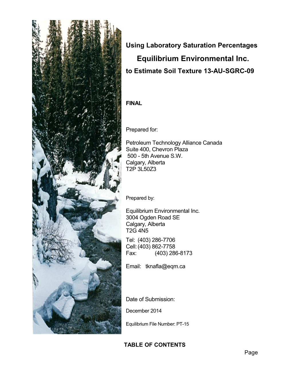 Petroleum Technology Alliance Canada (PTAC) Saturation Percentages to Estimate Soil Texture