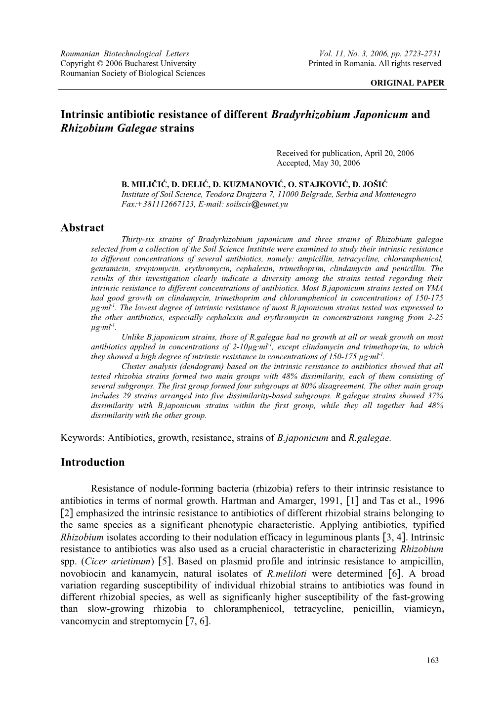 Intrinsic Antibiotic Resistance of Different Bradyrhizobium Japonicum and Rhizobium Galegae