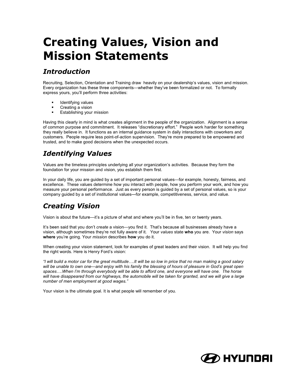 Establishing Values, Mission, and Vision