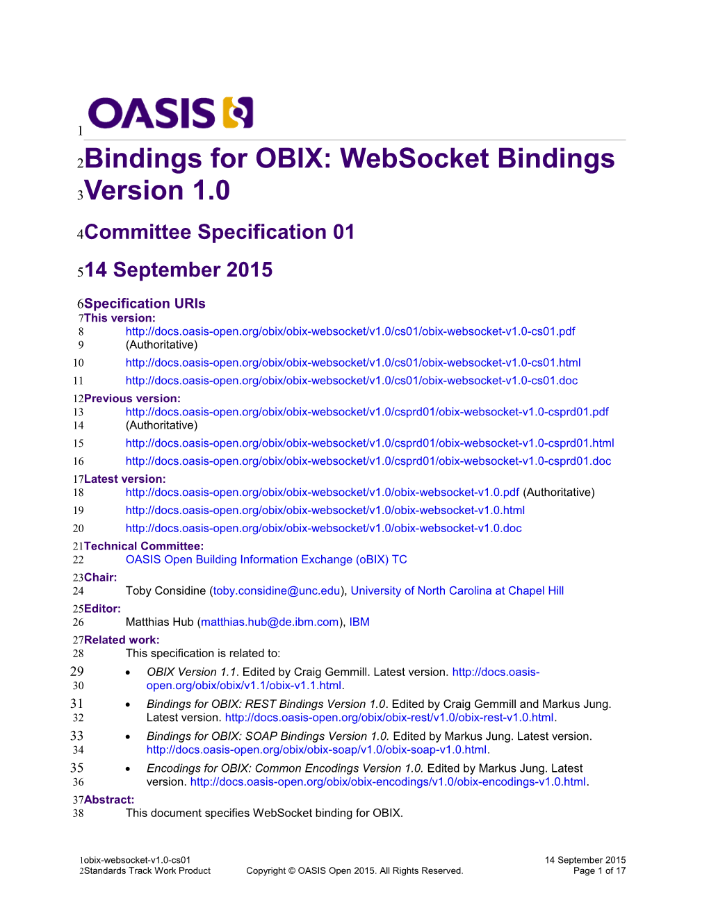 Bindings for OBIX: Websocket Bindings Version 1.0