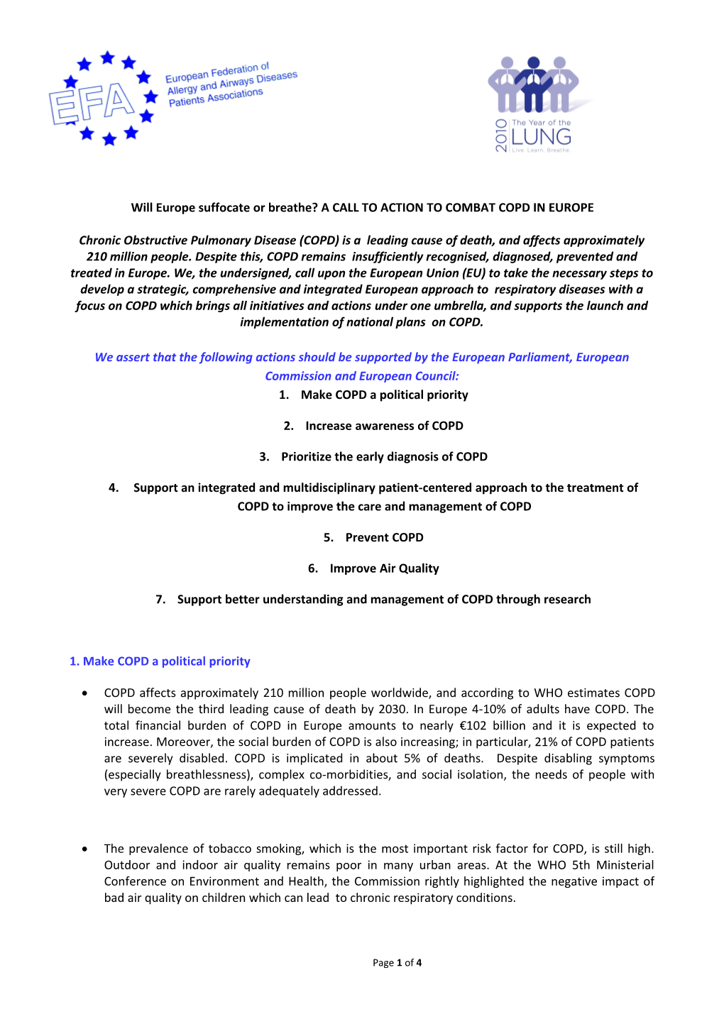 EFA Call-To-Action on COPD for Europe Page 1 of 3