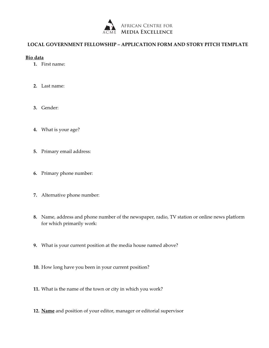 Local Government Fellowship Application Form and Story Pitch Template