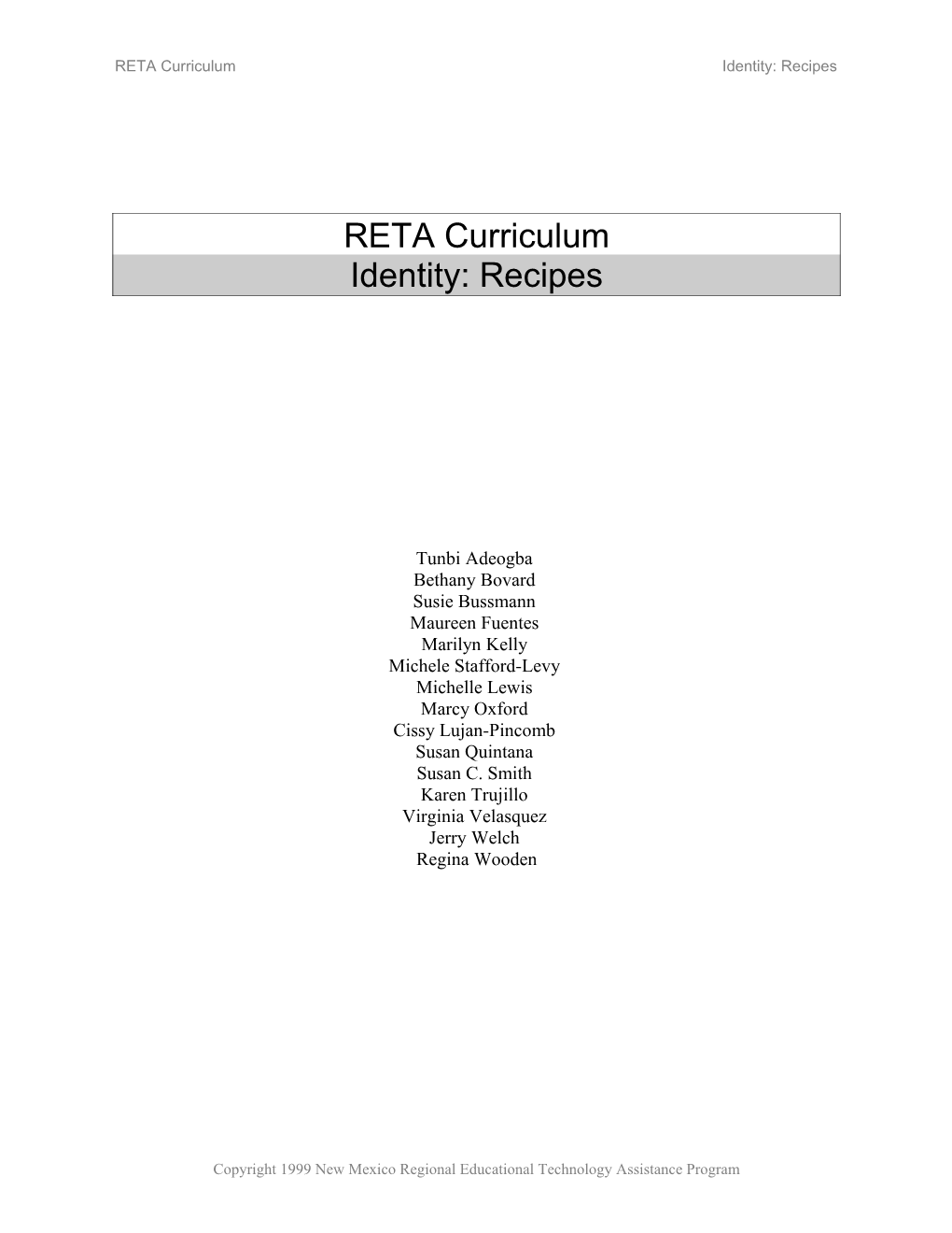RETA Curriculum Identity: Recipes