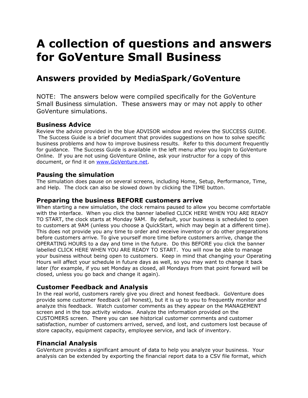 A Collection of Questions and Answers for Goventure Small Business