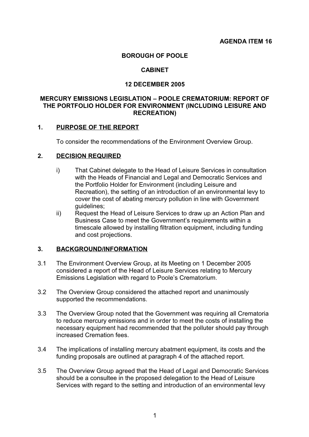 Mercury Emissions Legislation Poole Crematorium: Report of the Portfolio Holder for Environment