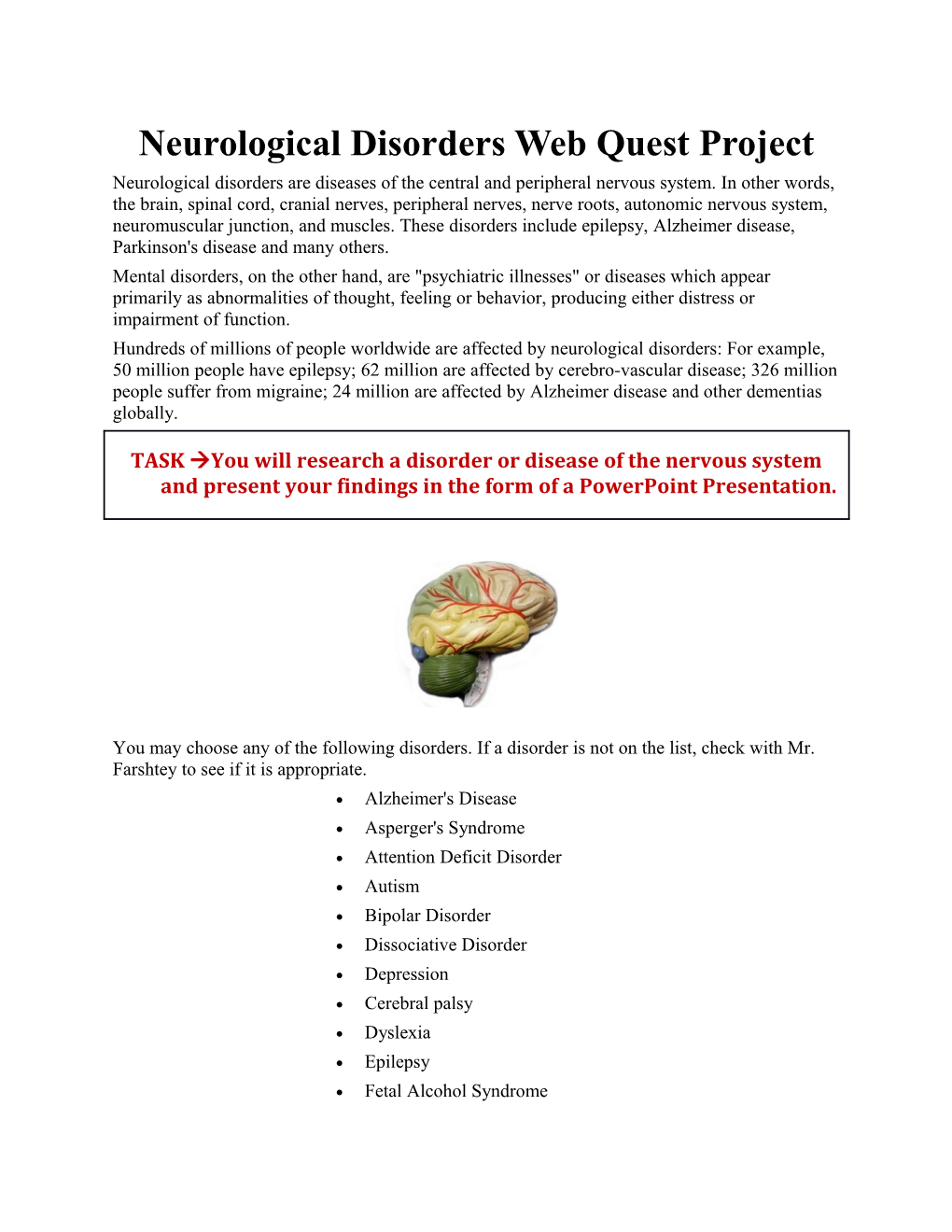 Neurological Disorders Web Quest Project